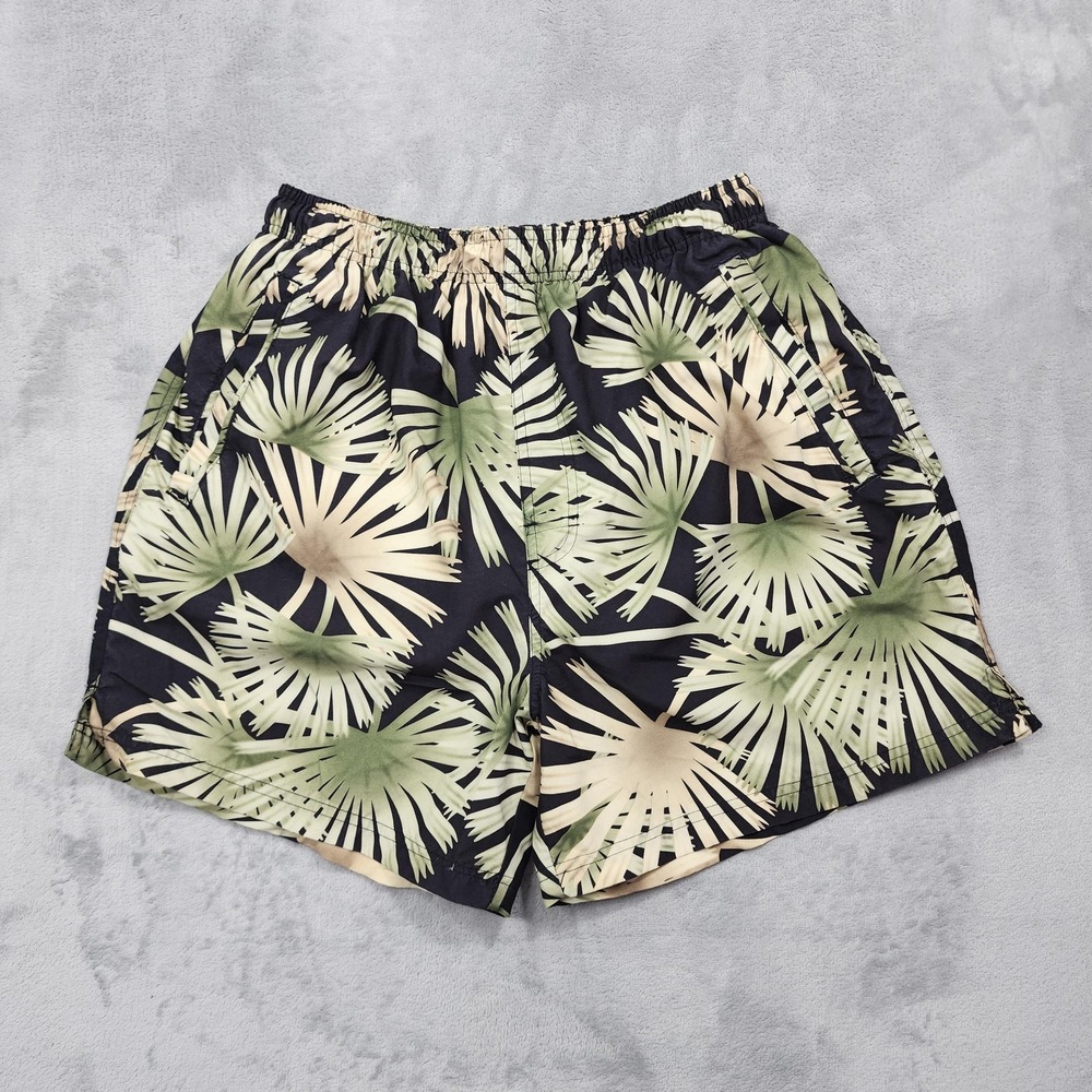 Sand N Sun Swim Trunks Mens M Black Palm Leaf Hawaiian Lined Pockets Beach